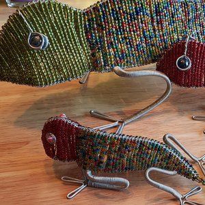 3 Colorful Handmade Beaded Wire Curly Tailed Lizard/Gecko/Chameleon Sculptures.